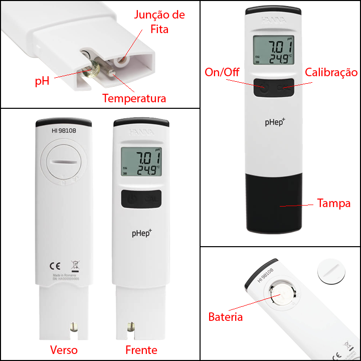 Todas as vistas do medidor de pH modelo HI98108 da Hanna Instruments - Detalhes dos eletrodos, baterias, frete e verso do aparelho